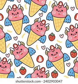 Seamless pattern of cute dragon ice cream strawberry with heart on white background.Chinese animal character cartoon design.Zodiac.Sweet and dessert.Kawaii.Vector.Illustration.