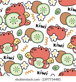 Seamless pattern of cute dragon with kiwi and flower on white background.Fruit.Chinese animal character cartoon design.Zodiac.Baby clothing print screen.Kawaii.Vector.Illustration.