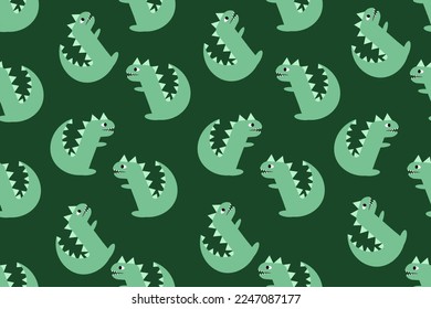 Seamless pattern with a cute dragon on a green background. An endless ornament with a predator from Jurassic Park. Wallpaper for the children's room.