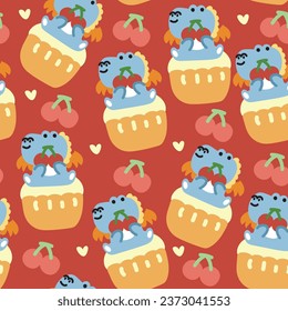 Seamless pattern of cute dragon on cupcake with cherry on red background.Jurassic animal character cartoon design.Bakery.Image for card,poster,baby clothing.Kawaii.Vector.illustration.