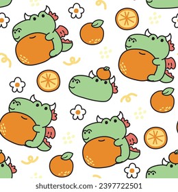 Seamless pattern of cute dragon with orange on white background.Chinese animal cartoon.Zodiac.Fruit,flower,tiny icon hand drawn.Baby girl and boy clothing print screen.Kawaii.Vector.illustration.