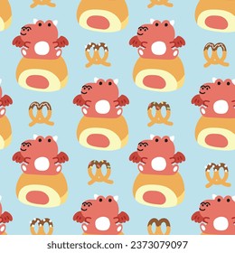 Seamless pattern of cute dragon sit on strawberry bread with bow tie bread on pastel background.Jurassic animal character cartoon desing.Baby clothing.Kawaii.Vector.Illustration.