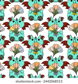 Seamless pattern with cute dragon with snowdrop