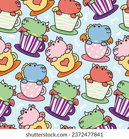 Seamless pattern of cute dragon stay in cup on pastel background.Jurassic animals character cacrtoon design.Happy new year 2024 chinese animal.Kawaii.Vector.Illustration.