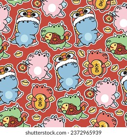 Seamless pattern of cute dragon various poses in happy new year concept on red background.Jurassic animal character cartoon.Chinese text mean lucky.Kawaii.Vector.Illustration.