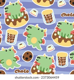 Seamless pattern of cute dragon with various dessert.Jurassic animal character design.Pudding,chocolate,donut,cookies,sweet hand drawn.Baby clothing.Kawaii.Vector.Illustration.