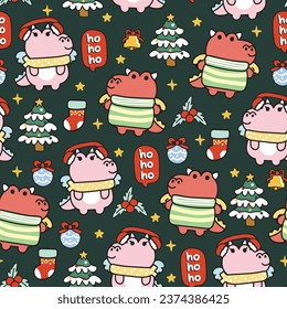 Seamless pattern of cute dragon in winter concept with hohoho text green background.Merry christmas.Jurassic animal character cartoon design.Sock,Christmas tree,holly hand drawn.Vector.Illustration.