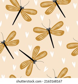 Seamless pattern of cute dragonflies and hearts. Vector illustration for children's products, covers, etc.