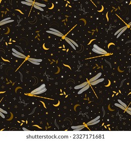 Seamless pattern with cute dragonflies, moon, stars and leaves on dark background. Magical night nature flat vector illustration.