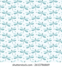 Seamless pattern with cute dragonflies in simple outline style. Soft blue color. Perfect for kids fabric, wallpaper, wrapping paper, nursery, and baby products.