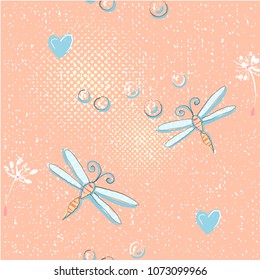 Seamless pattern of cute dragonfly and dandelion seeds