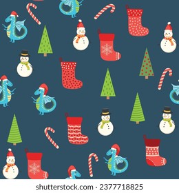 Seamless pattern with cute dragons Christmas design. Chinese New Year background with dragons for 2024.