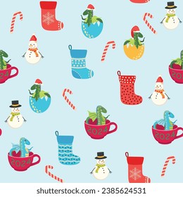 Seamless pattern with cute dragons Christmas design. Chinese New Year background with dragons for 2024.