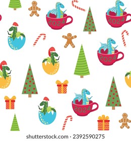 Seamless pattern with cute dragons Christmas design. Chinese New Year background with dragons for 2024.