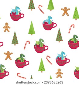 Seamless pattern with cute dragons Christmas design. Chinese New Year background with dragons for 2024.