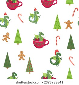 Patrón sin foco con adorables dragones diseño navideño. Antecedentes chinos de Año Nuevo con dragones para 2024.