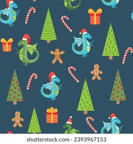 Seamless pattern with cute dragons Christmas design. Chinese New Year background with dragons for 2024.