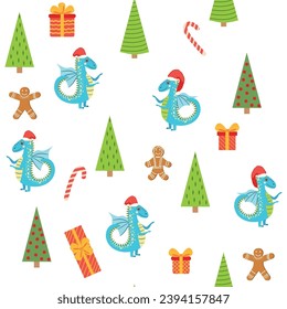 Seamless pattern with cute dragons Christmas design. Chinese New Year background with dragons for 2024.