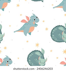 Seamless pattern with cute dragons. Ideal for printing on fabric, paper and cards.