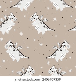 Nahtloses Muster mit süßen Drachen im minimalistischen Stil. Ideal für den Druck auf Stoff, Papier und Kinderkarten.