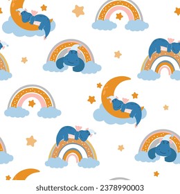 Seamless pattern with cute dragons on the moon, rainbow. Sleeping fantasy animals, dinosaurs for baby print. Vector graphics.