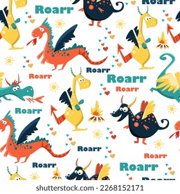 Seamless pattern of the cute dragons. set