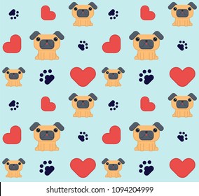 Seamless pattern. A cute drawing of dogs, hearts and dog tracks. Vector illustration on a blue background. Flat design.