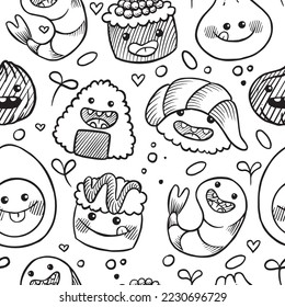 seamless pattern with cute drawings of asian cuisine. Japanese food. funny smiling characters, kawaii.