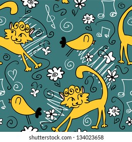 Seamless pattern with cute drawings of cats and birds