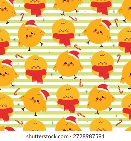 padrão sem emenda bonito e desenhado desenhos animados amarelo filhote com elemento de Natal no papel de parede faixa verde