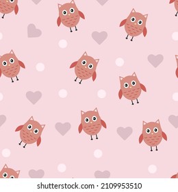 seamless pattern with cute drawn owlet and hearts on a pink background. childish seamless texture for wallpaper, textile, fabric, wrapping paper
