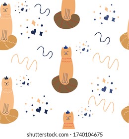 Patrón sin foco de adorable gato ensueño con corona. gotas y corazones. Ilustración vectorial plana para diseño infantil.