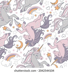 Seamless pattern with cute dreaming unicorns, rainbow and stars. Magic background with unicorns. Vector illustration in trendy colors. For design, print, decor, wallpaper, linen, dishes, textile.