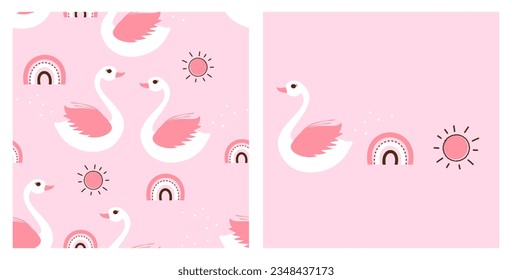Seamless pattern with cute duck cartoons, sun and rainbows on pink background. Duck, rainbow and sun icon sign vector illustration.