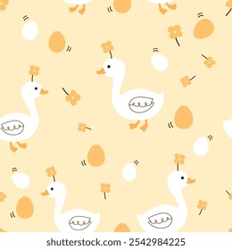 Seamless pattern with cute duck cartoons, eggs and flower on yellow background vector.