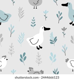 Patrón sin costuras con lindo pato, pollo y plantas para su tela, textiles para niños, ropa, decoración de vivero, papel de envoltura de regalo. Ilustración vectorial