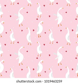 Seamless pattern with cute duck with heart on pink background vector illustration