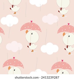 seamless pattern of cute duck holding pink umbrella in rainy day and cloud around  ,vector,illustration