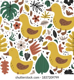 Seamless pattern of cute duck with leaves and flowers on white background. Animal cartoon. Image for wallpaper, texture, paper. Sweet beverage. Vector ilustration.