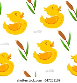 Seamless pattern with cute duck and reeds. Ornament for children's textiles and wrapping. Vector background.