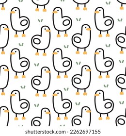 Seamless pattern of cute duck stand on grass white background.Farm animal character cartoon design.Image for card,poster,baby clothing.Bird.Kawaii.Vector.Illustration.