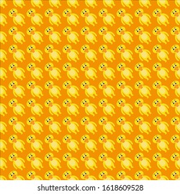 Seamless pattern with cute duckling in a flat style on an orange background. Stock vector illustration for decoration and design, packaging, wallpaper, wrapping paper, fabrics, posters, postcards