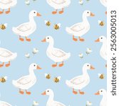 Seamless pattern with cute ducklings, bees and daisies on a light background. Background for children