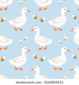 Seamless pattern with cute ducklings, bees and daisies on a light background. Background for children's clothing. Print