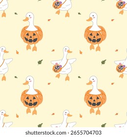 Seamless pattern of cute ducks dressed in pumpkin costumes and carrying trick or treat bags.