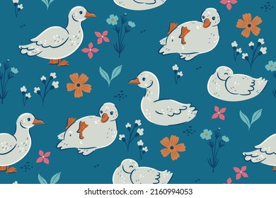 Seamless pattern with cute ducks and flowers. Vector graphics.