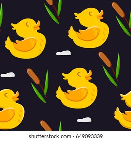 Seamless pattern with cute ducks and reeds. Ornament for textiles and wrapping. Vector background.