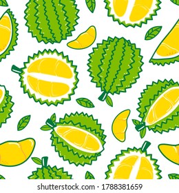 Seamless pattern cute durian fruits and leaf isolated on white background. Vector illustration.