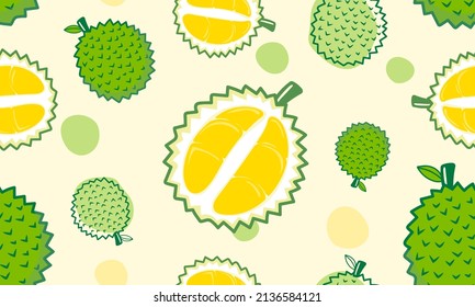 Seamless pattern cute durian fruits and leaf isolated on yellow pastel background. Vector illustration.