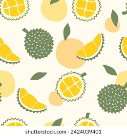 Seamless pattern cute durian fruits and leaf isolated on yellow pastel background. Vector illustration.